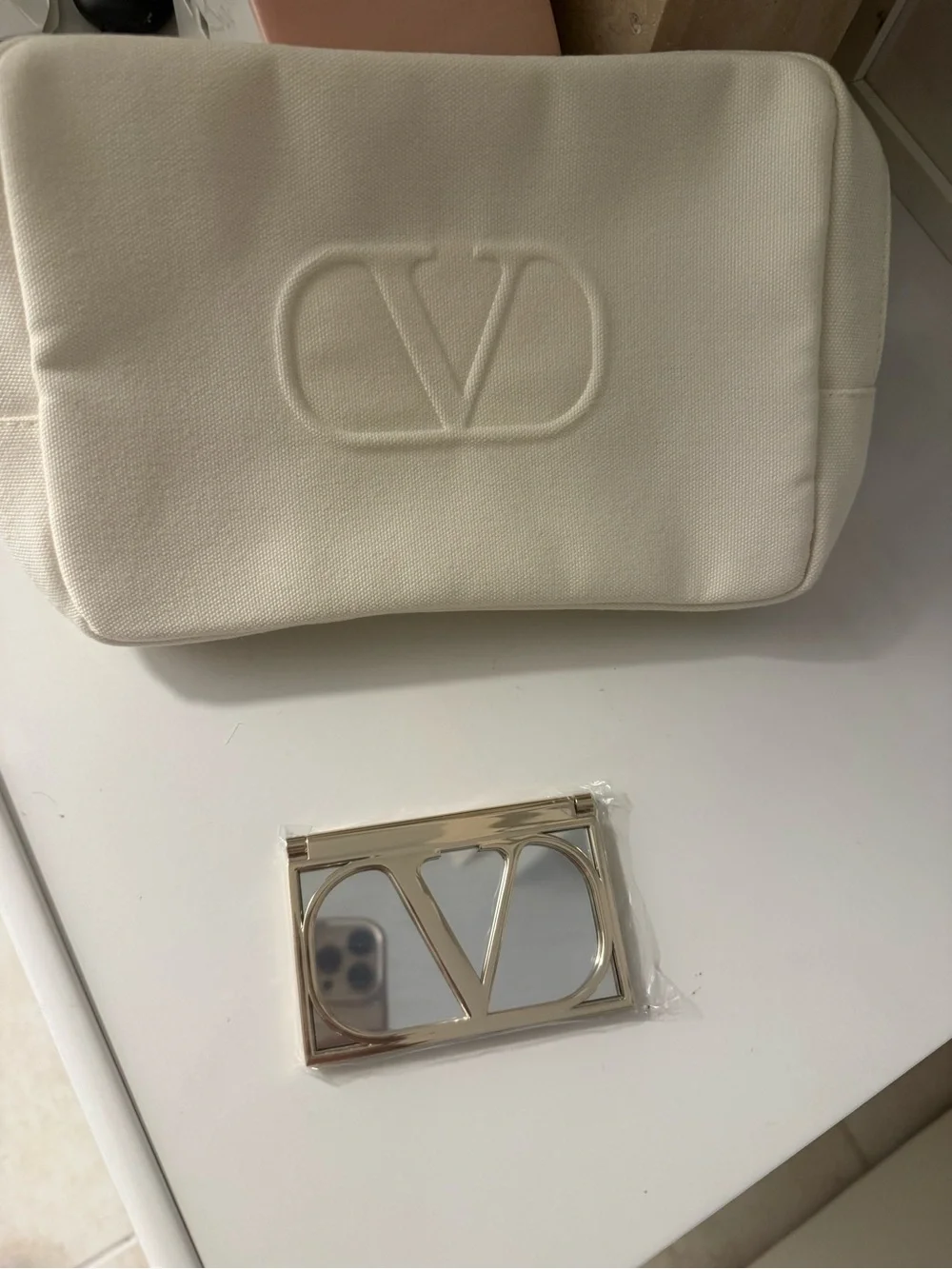 Valentino Cream Embossed Logo Crossbody Bag - Cream with V mirror and minis